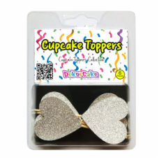 TOPOS CUPCAKES CORAÇÕES PRATA GLITTER PACK 6