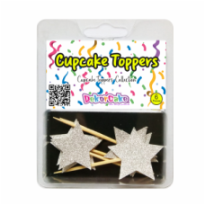 TOPOS CUPCAKES ESTRELAS PRATA GLITTER PACK 6