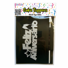 TOPO BOLO FELIZ ANIVERSÁRIO PRATA GLITTER