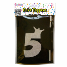 TOPO BOLO NÚMERO 5 COROA PRATA GLITTER