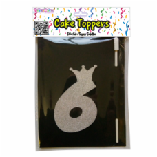 TOPO BOLO NÚMERO 6 COROA PRATA GLITTER