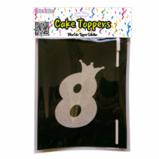 TOPO BOLO NÚMERO 8 COROA PRATA GLITTER