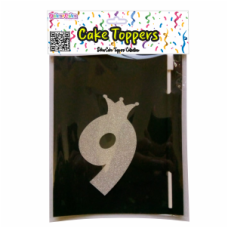 TOPO BOLO NÚMERO 9 COROA PRATA GLITTER
